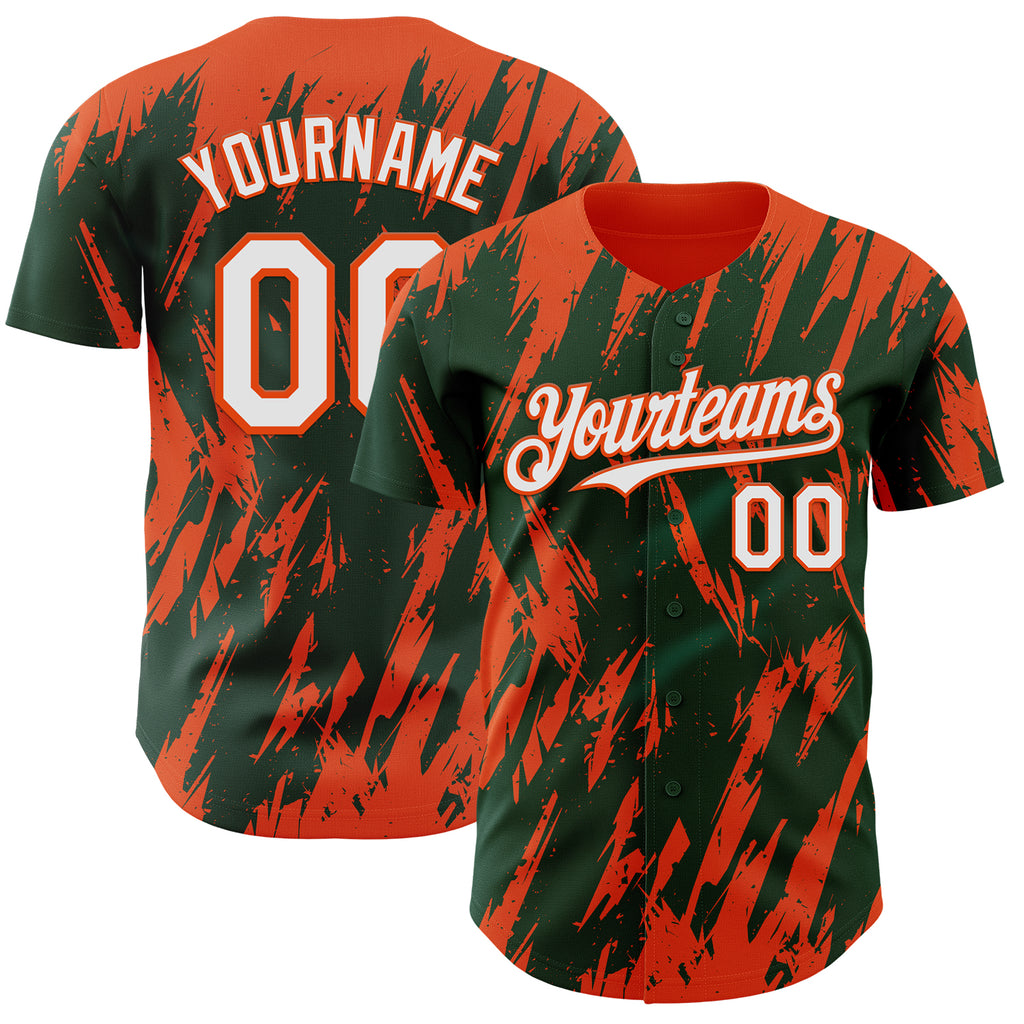 Custom Green White-Orange 3D Pattern Design Splatter Torn Sharp Brush Stroke Authentic Baseball Jersey