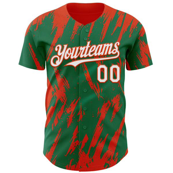 Custom Kelly Green White-Orange 3D Pattern Design Splatter Torn Sharp Brush Stroke Authentic Baseball Jersey