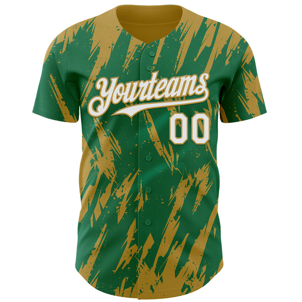 Custom Kelly Green White-Old Gold 3D Pattern Design Splatter Torn Sharp Brush Stroke Authentic Baseball Jersey