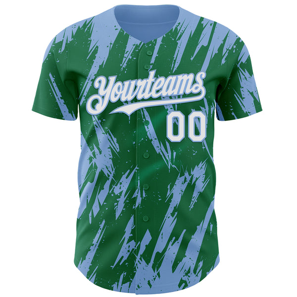 Custom Kelly Green White-Light Blue 3D Pattern Design Splatter Torn Sharp Brush Stroke Authentic Baseball Jersey