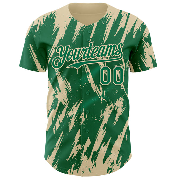 Custom Kelly Green Cream 3D Pattern Design Splatter Torn Sharp Brush Stroke Authentic Baseball Jersey