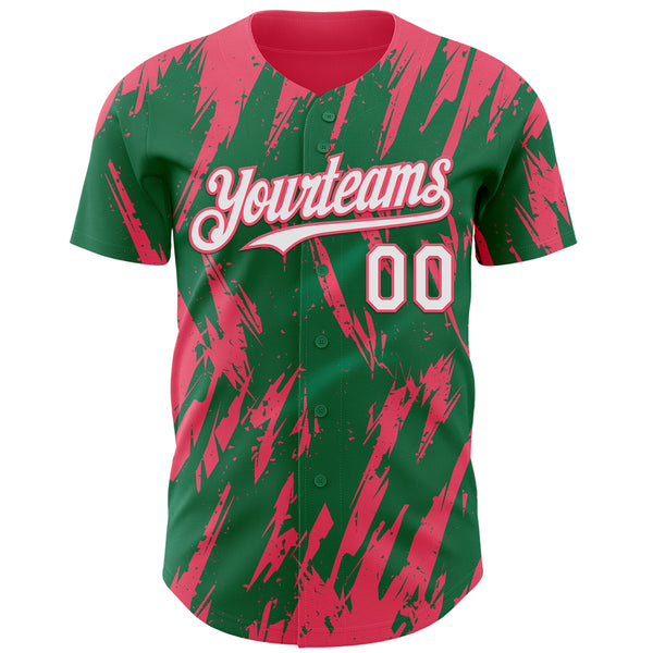 Custom Kelly Green White-Neon Pink 3D Pattern Design Splatter Torn Sharp Brush Stroke Authentic Baseball Jersey