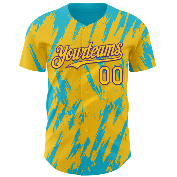 Custom Yellow Purple-Lakes Blue 3D Pattern Design Splatter Torn Sharp Brush Stroke Authentic Baseball Jersey