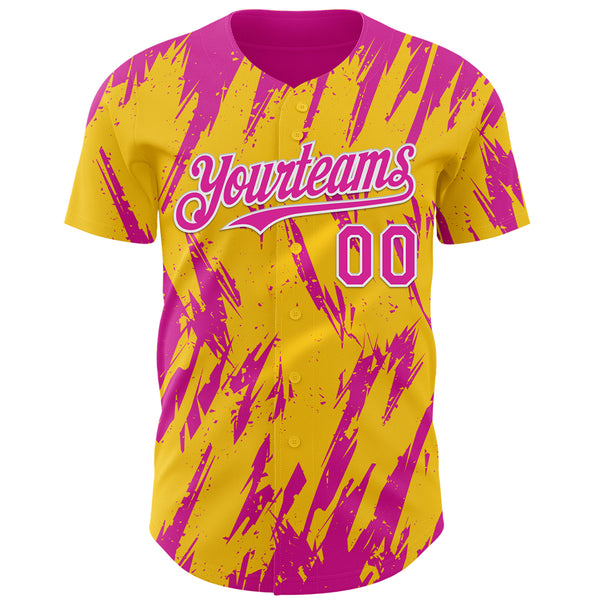 Custom Yellow Deep Pink-White 3D Pattern Design Splatter Torn Sharp Brush Stroke Authentic Baseball Jersey