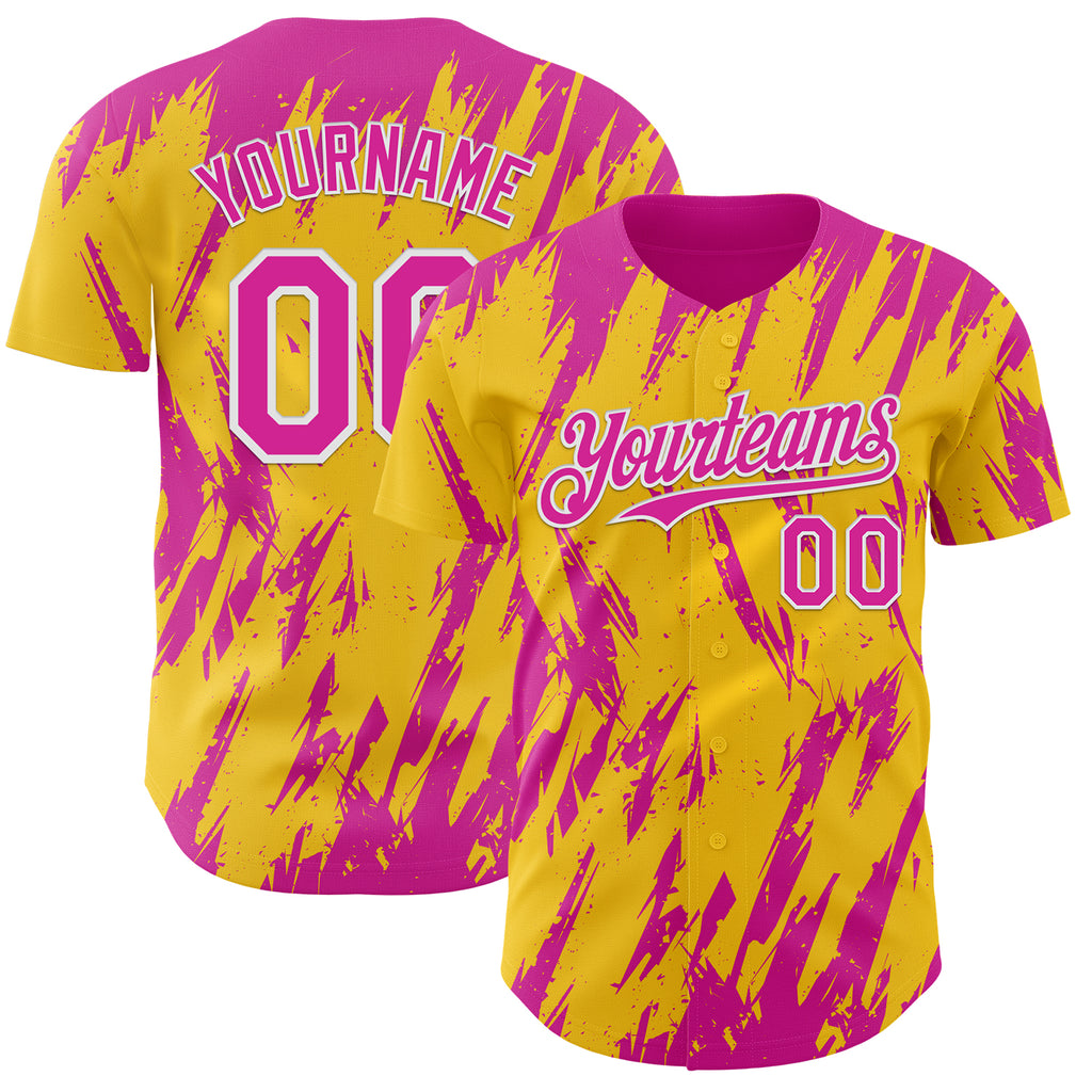 Custom Yellow Deep Pink-White 3D Pattern Design Splatter Torn Sharp Brush Stroke Authentic Baseball Jersey