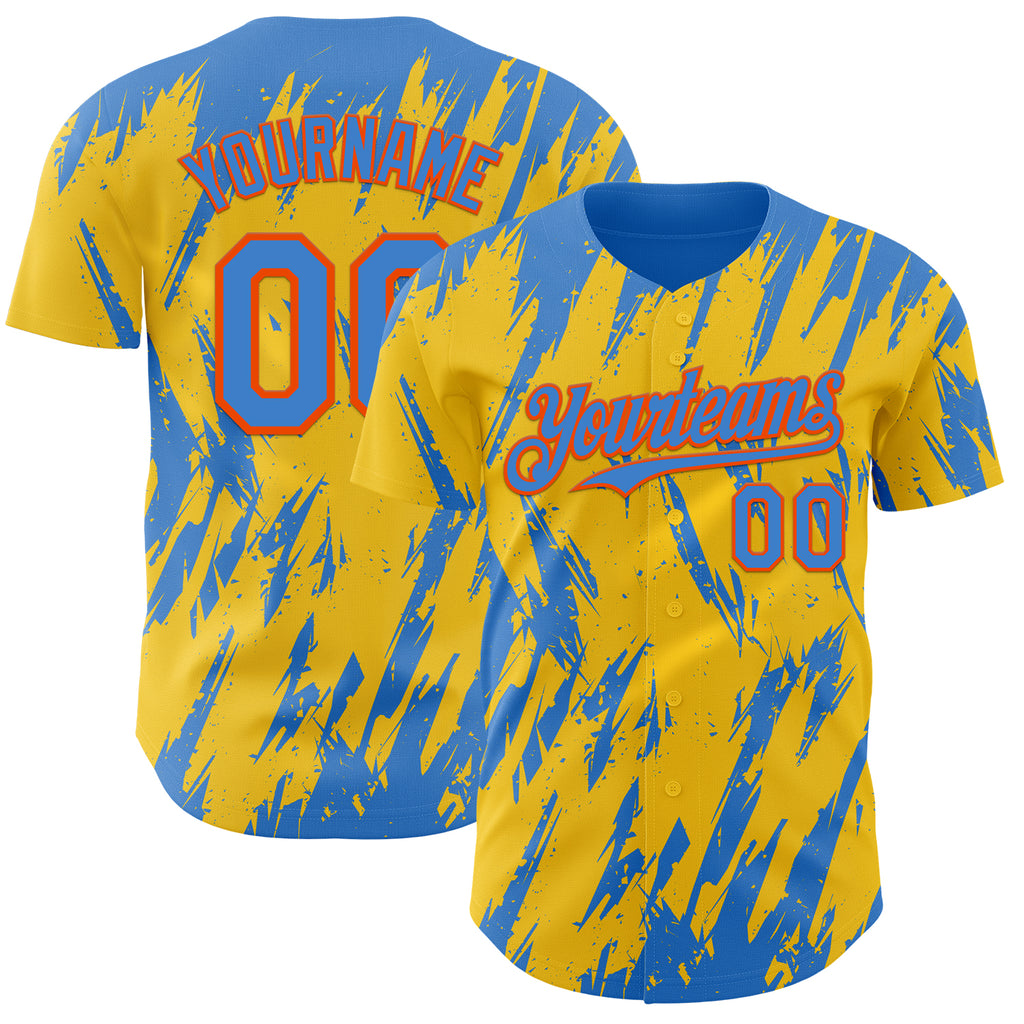 Custom Yellow Powder Blue-Orange 3D Pattern Design Splatter Torn Sharp Brush Stroke Authentic Baseball Jersey
