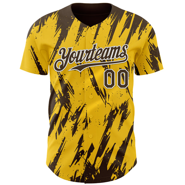 Custom Yellow Brown-White 3D Pattern Design Splatter Torn Sharp Brush Stroke Authentic Baseball Jersey