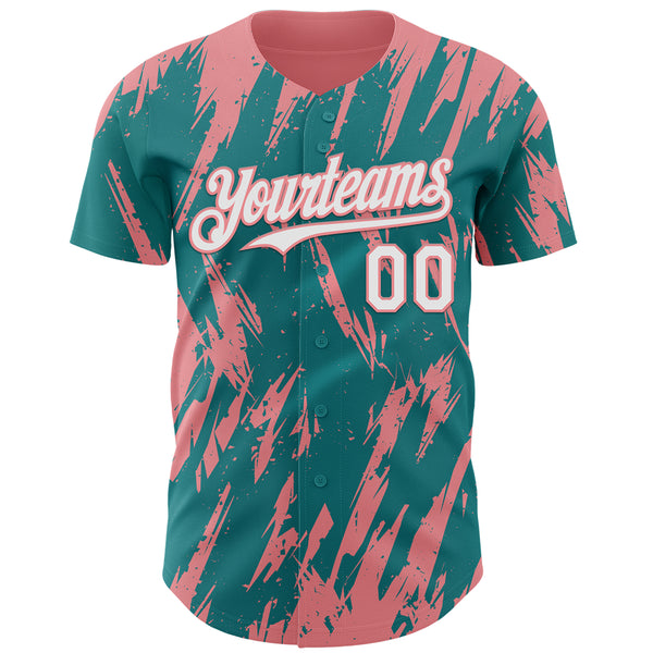 Custom Teal White-Medium Pink 3D Pattern Design Splatter Torn Sharp Brush Stroke Authentic Baseball Jersey