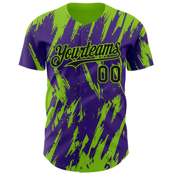 Custom Purple Neon Green 3D Pattern Design Splatter Torn Sharp Brush Stroke Authentic Baseball Jersey