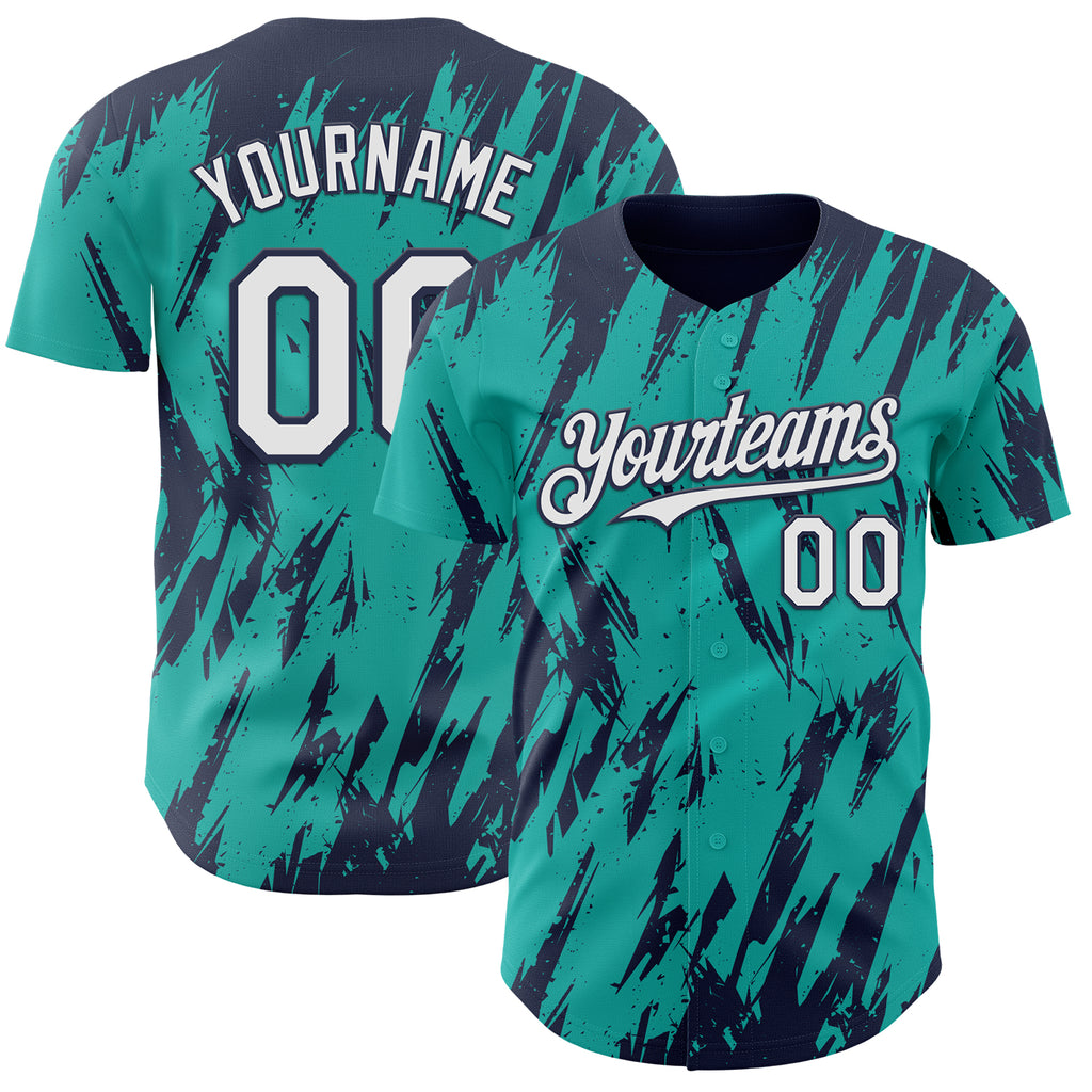 Custom Aqua White-Navy 3D Pattern Design Splatter Torn Sharp Brush Stroke Authentic Baseball Jersey
