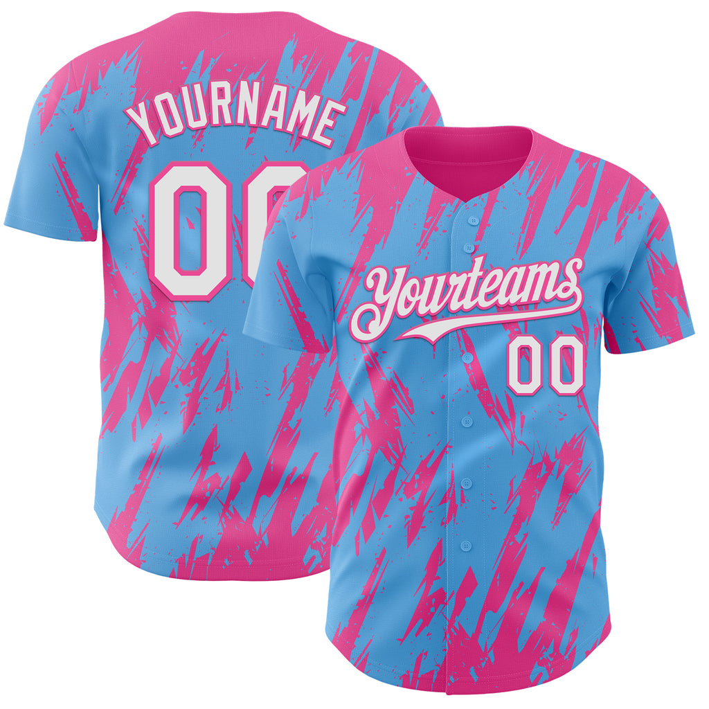 Custom Sky Blue White-Pink 3D Pattern Design Splatter Torn Sharp Brush Stroke Authentic Baseball Jersey