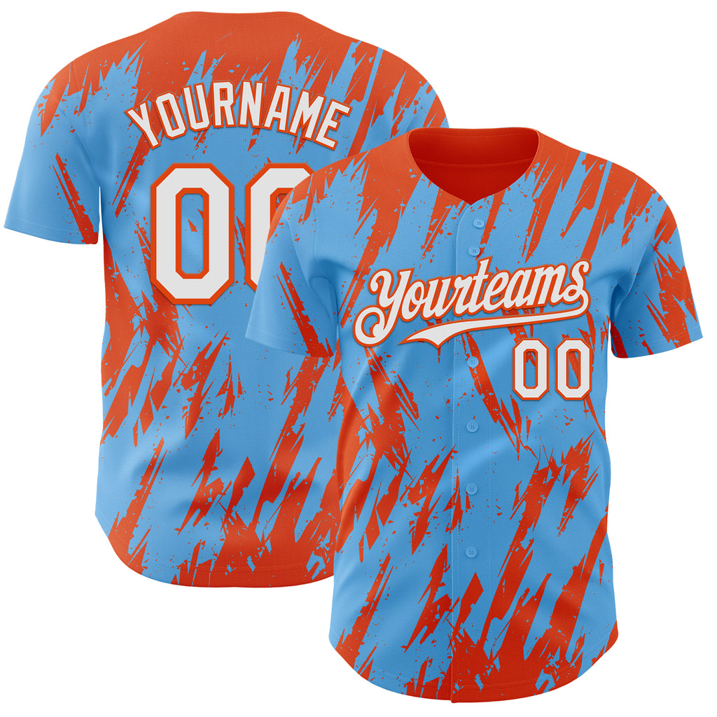 Custom Sky Blue White-Orange 3D Pattern Design Splatter Torn Sharp Brush Stroke Authentic Baseball Jersey