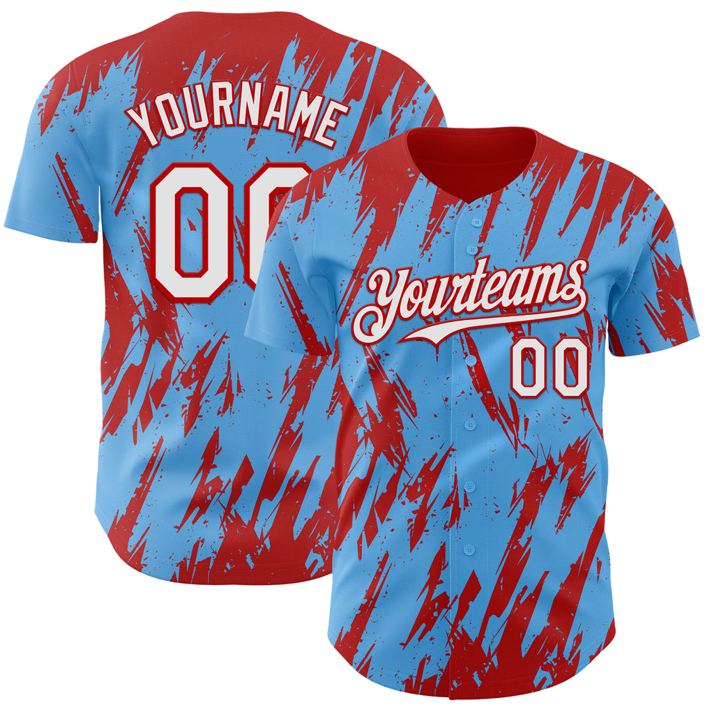 Custom Sky Blue White-Red 3D Pattern Design Splatter Torn Sharp Brush Stroke Authentic Baseball Jersey