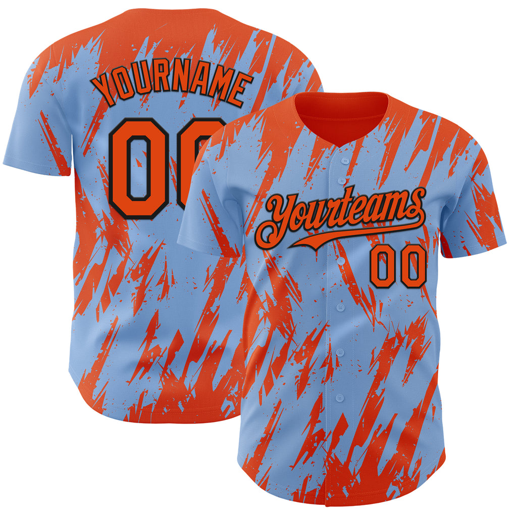 Custom Light Blue Orange-Black 3D Pattern Design Splatter Torn Sharp Brush Stroke Authentic Baseball Jersey