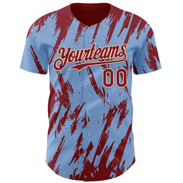 Custom Light Blue Crimson-Cream 3D Pattern Design Splatter Torn Sharp Brush Stroke Authentic Baseball Jersey