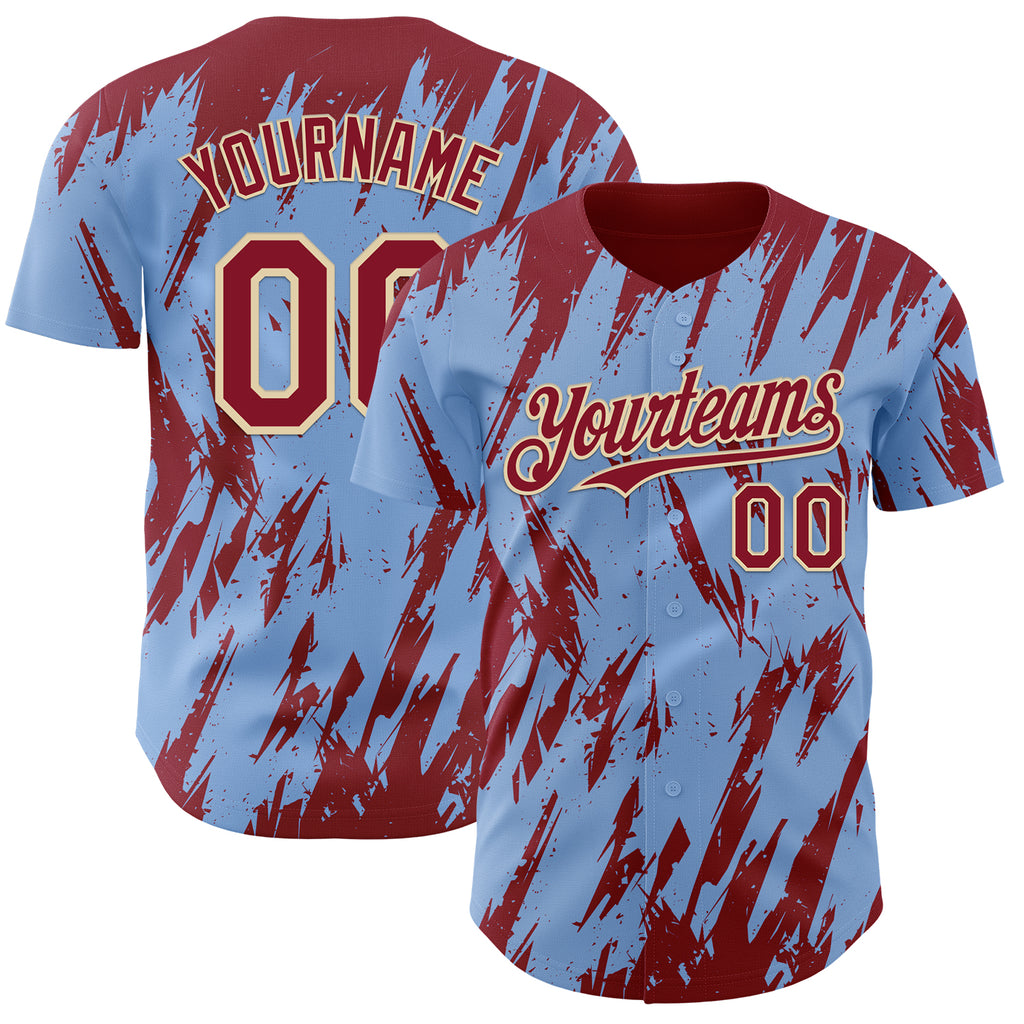 Custom Light Blue Crimson-Cream 3D Pattern Design Splatter Torn Sharp Brush Stroke Authentic Baseball Jersey