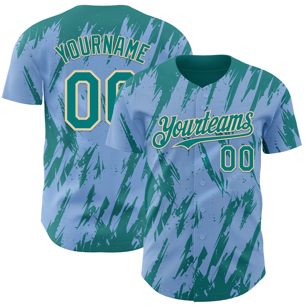 Custom Light Blue Teal-Cream 3D Pattern Design Splatter Torn Sharp Brush Stroke Authentic Baseball Jersey