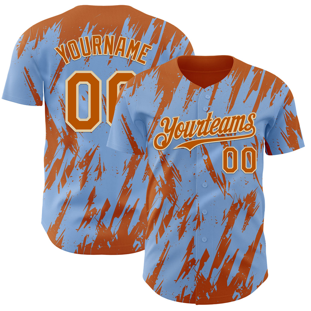 Custom Light Blue Bay Orange-Cream 3D Pattern Design Splatter Torn Sharp Brush Stroke Authentic Baseball Jersey