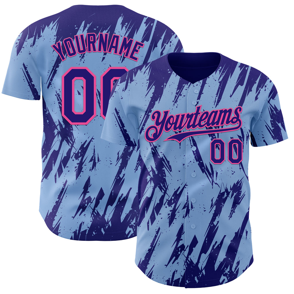 Custom Light Blue Dark Purple-Pink 3D Pattern Design Splatter Torn Sharp Brush Stroke Authentic Baseball Jersey