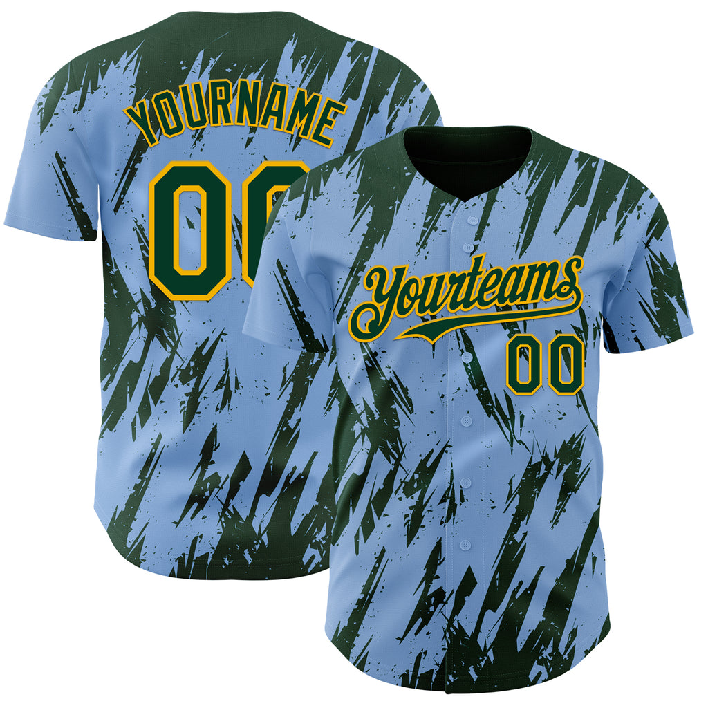 Custom Light Blue Green-Gold 3D Pattern Design Splatter Torn Sharp Brush Stroke Authentic Baseball Jersey