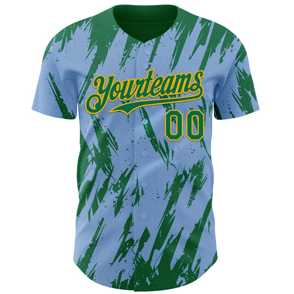 Custom Light Blue Kelly Green-Gold 3D Pattern Design Splatter Torn Sharp Brush Stroke Authentic Baseball Jersey