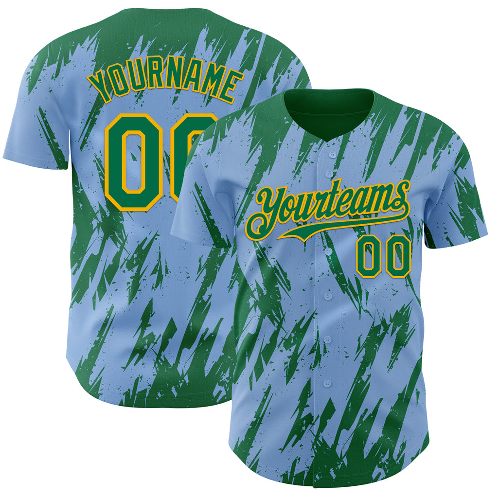 Custom Light Blue Kelly Green-Gold 3D Pattern Design Splatter Torn Sharp Brush Stroke Authentic Baseball Jersey