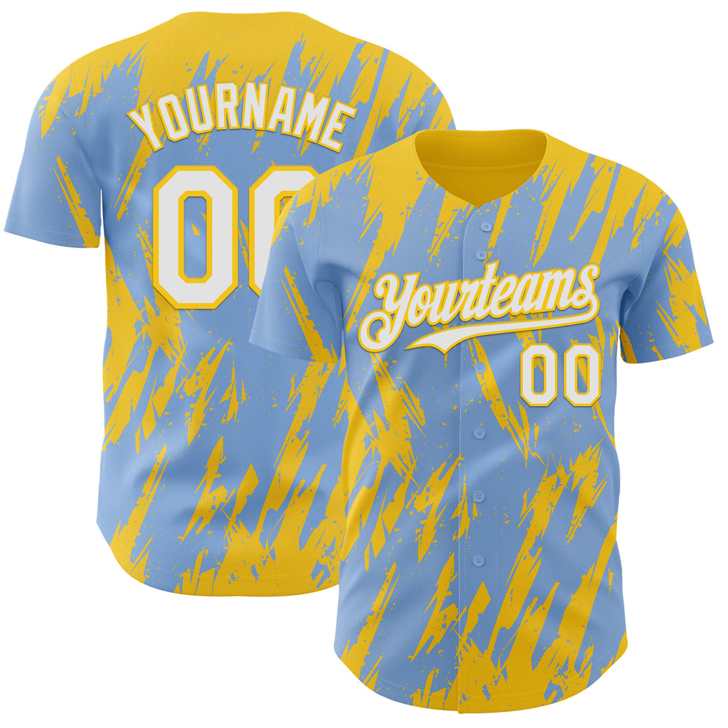 Custom Light Blue White-Yellow 3D Pattern Design Splatter Torn Sharp Brush Stroke Authentic Baseball Jersey