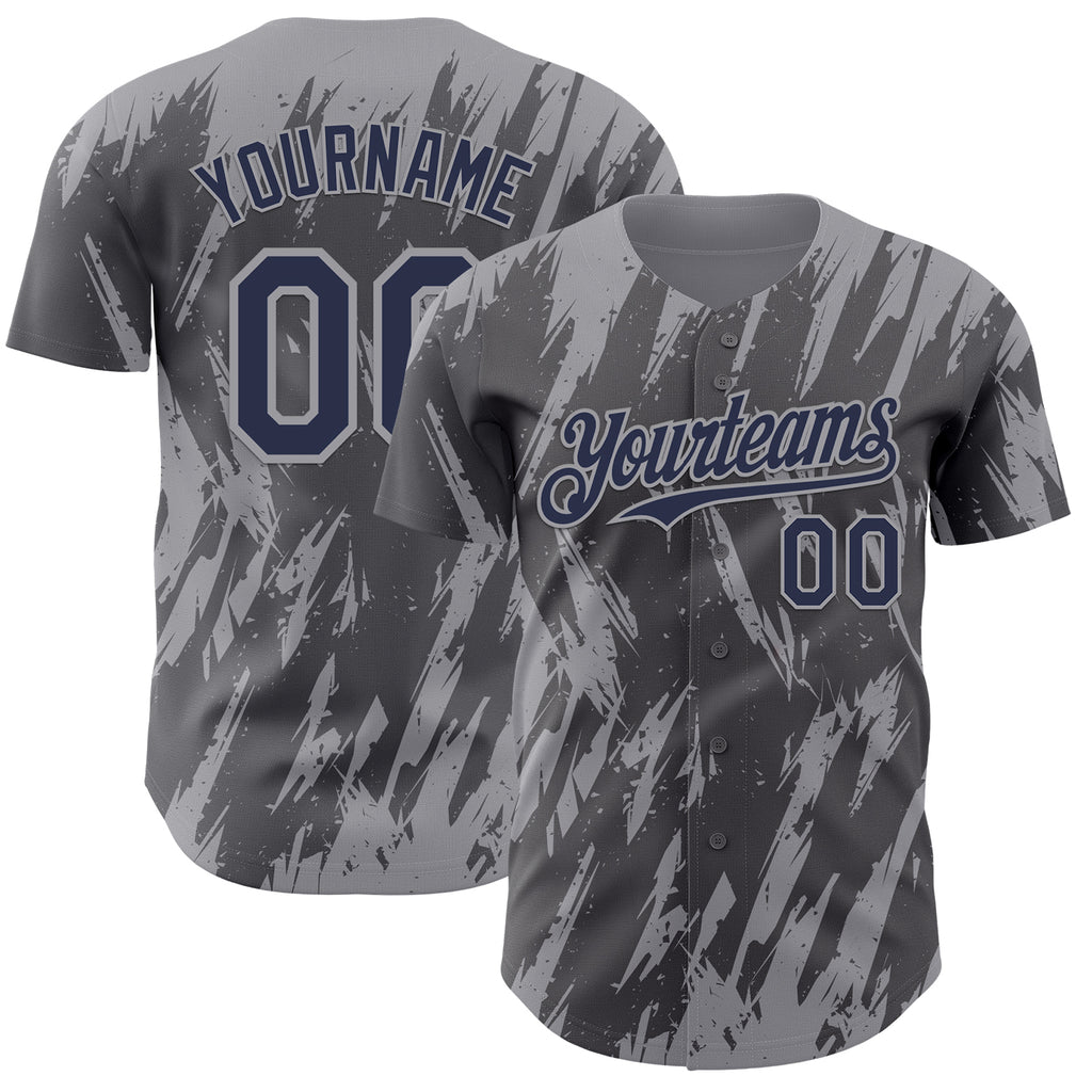 Custom Steel Gray Navy-Gray 3D Pattern Design Splatter Torn Sharp Brush Stroke Authentic Baseball Jersey