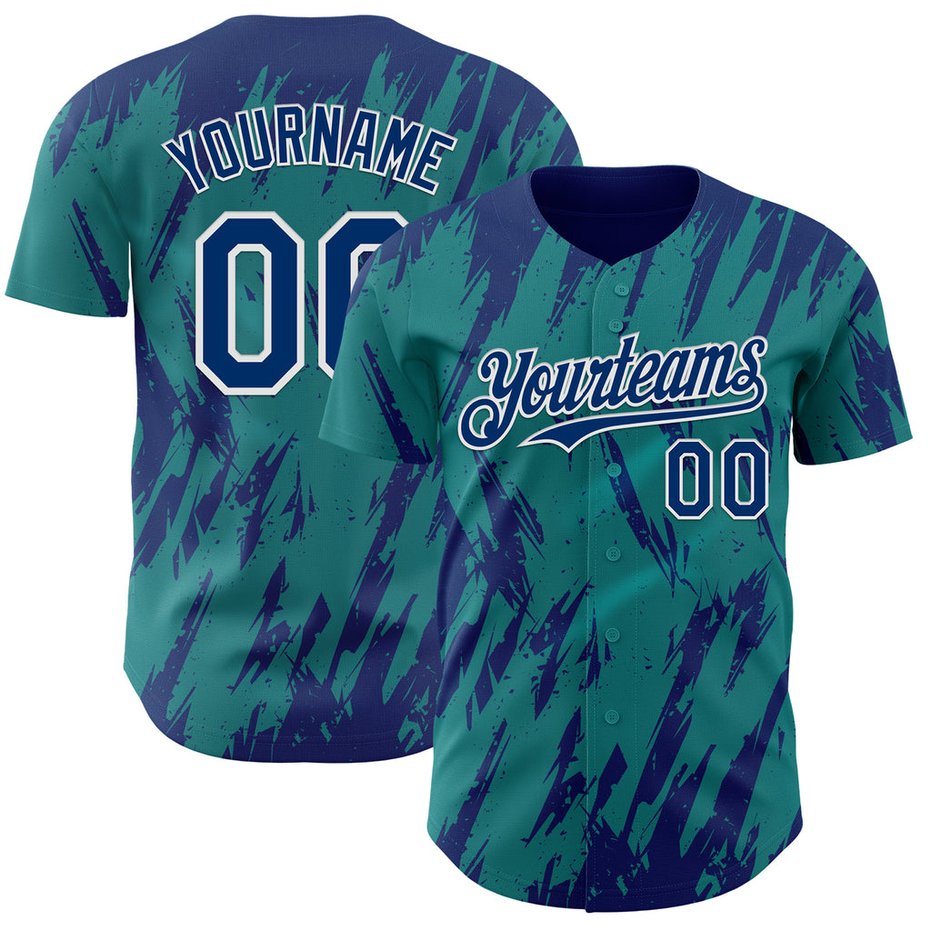 Custom Teal US Navy Blue-White 3D Pattern Design Splatter Torn Sharp Brush Stroke Authentic Baseball Jersey