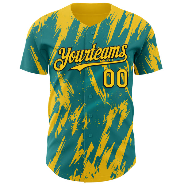 Custom Teal Yellow-Black 3D Pattern Design Splatter Torn Sharp Brush Stroke Authentic Baseball Jersey