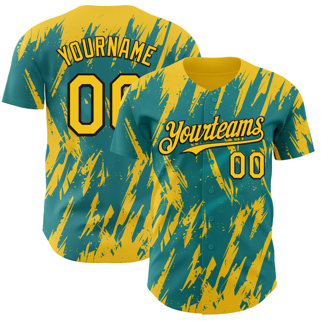 Custom Teal Yellow-Black 3D Pattern Design Splatter Torn Sharp Brush Stroke Authentic Baseball Jersey