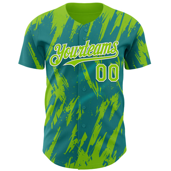 Custom Teal Neon Green-White 3D Pattern Design Splatter Torn Sharp Brush Stroke Authentic Baseball Jersey
