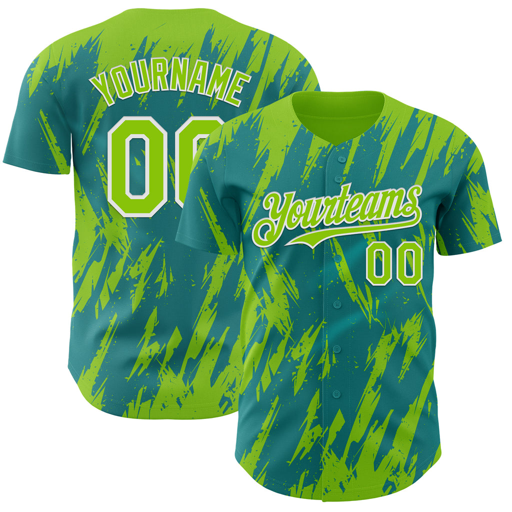 Custom Teal Neon Green-White 3D Pattern Design Splatter Torn Sharp Brush Stroke Authentic Baseball Jersey
