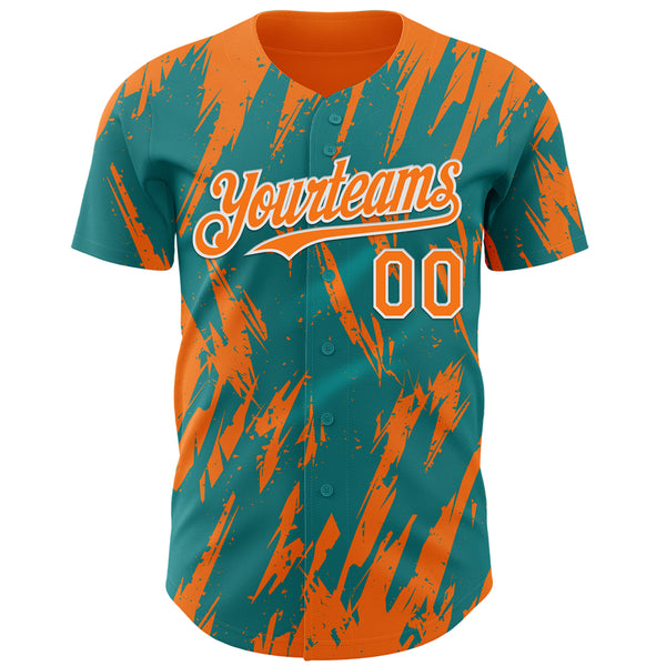 Custom Teal Bay Orange-White 3D Pattern Design Splatter Torn Sharp Brush Stroke Authentic Baseball Jersey