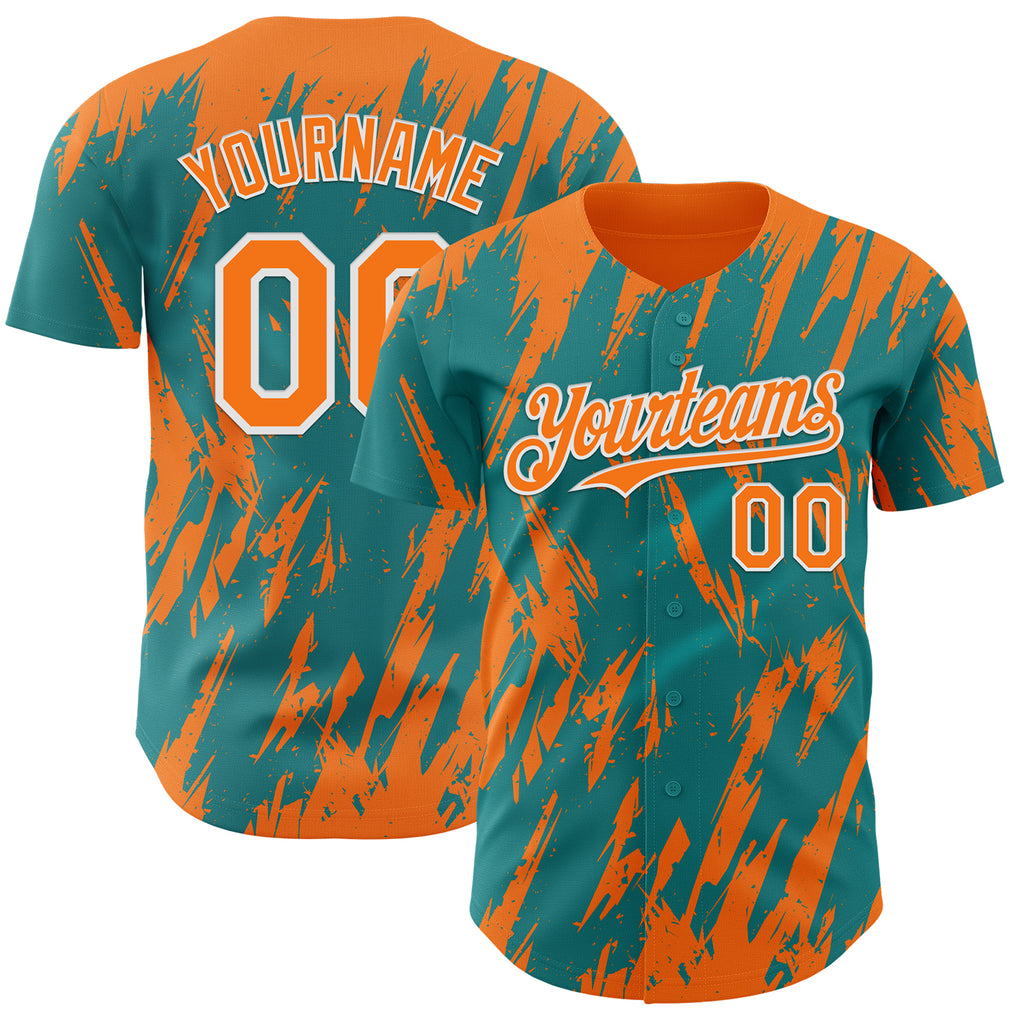 Custom Teal Bay Orange-White 3D Pattern Design Splatter Torn Sharp Brush Stroke Authentic Baseball Jersey