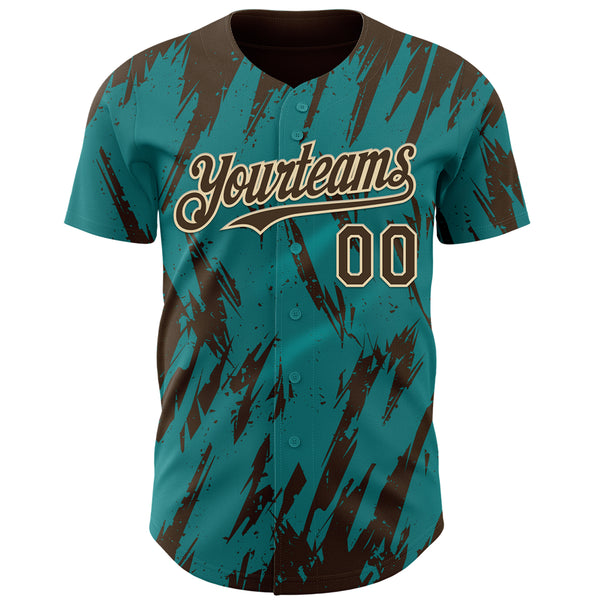 Custom Teal Brown-Cream 3D Pattern Design Splatter Torn Sharp Brush Stroke Authentic Baseball Jersey