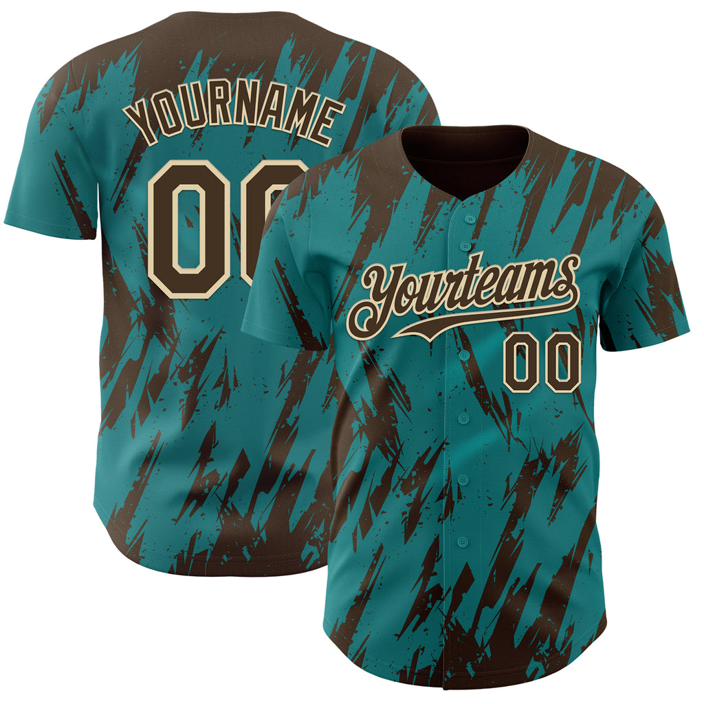 Custom Teal Brown-Cream 3D Pattern Design Splatter Torn Sharp Brush Stroke Authentic Baseball Jersey