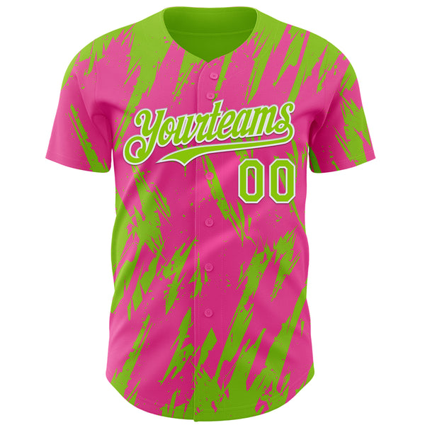 Custom Pink Neon Green-White 3D Pattern Design Splatter Torn Sharp Brush Stroke Authentic Baseball Jersey