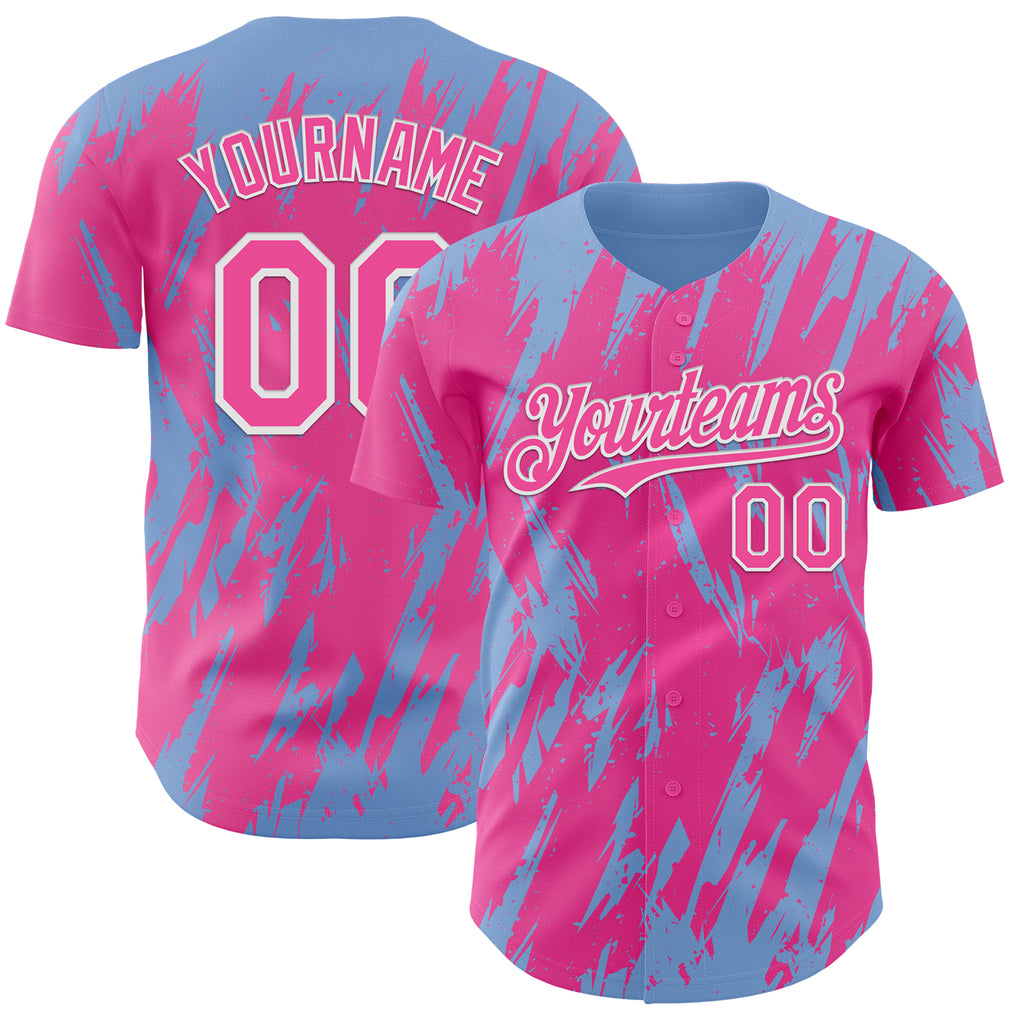 Custom Pink White-Light Blue 3D Pattern Design Splatter Torn Sharp Brush Stroke Authentic Baseball Jersey