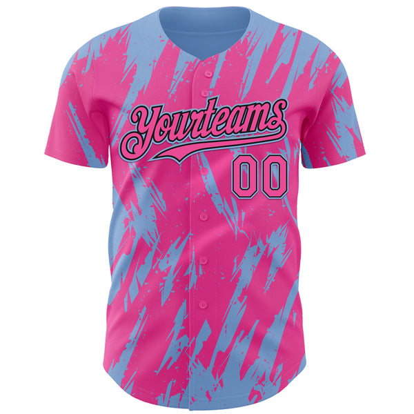Custom Pink Black-Light Blue 3D Pattern Design Splatter Torn Sharp Brush Stroke Authentic Baseball Jersey