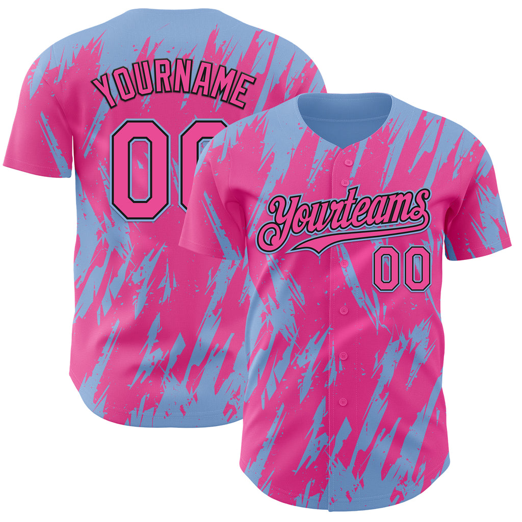 Custom Pink Black-Light Blue 3D Pattern Design Splatter Torn Sharp Brush Stroke Authentic Baseball Jersey