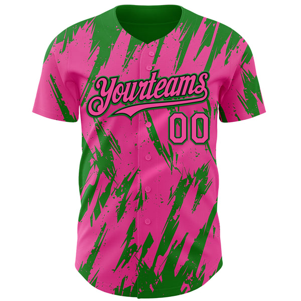 Custom Pink Black-Grass Green 3D Pattern Design Splatter Torn Sharp Brush Stroke Authentic Baseball Jersey
