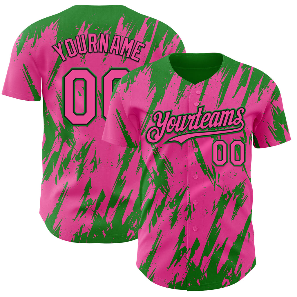 Custom Pink Black-Grass Green 3D Pattern Design Splatter Torn Sharp Brush Stroke Authentic Baseball Jersey