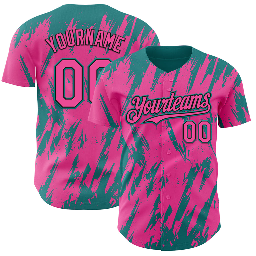 Custom Pink Black-Teal 3D Pattern Design Splatter Torn Sharp Brush Stroke Authentic Baseball Jersey