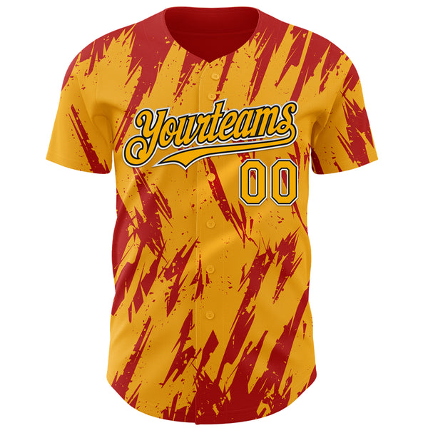Custom Gold Black-Red 3D Pattern Design Splatter Torn Sharp Brush Stroke Authentic Baseball Jersey
