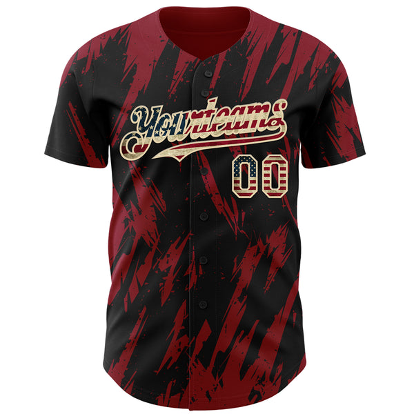 Custom Black Vintage USA Flag Cream-Crimson 3D Pattern Design Splatter Torn Sharp Brush Stroke Authentic Baseball Jersey