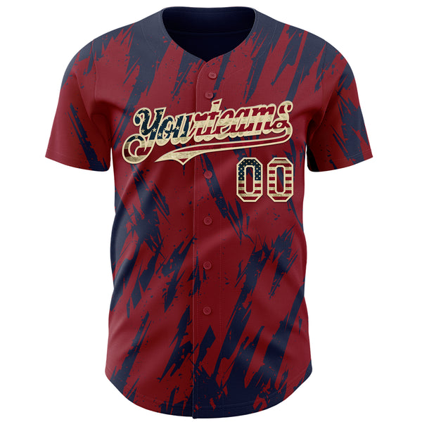 Custom Crimson Vintage USA Flag Cream-Navy 3D Pattern Design Splatter Torn Sharp Brush Stroke Authentic Baseball Jersey