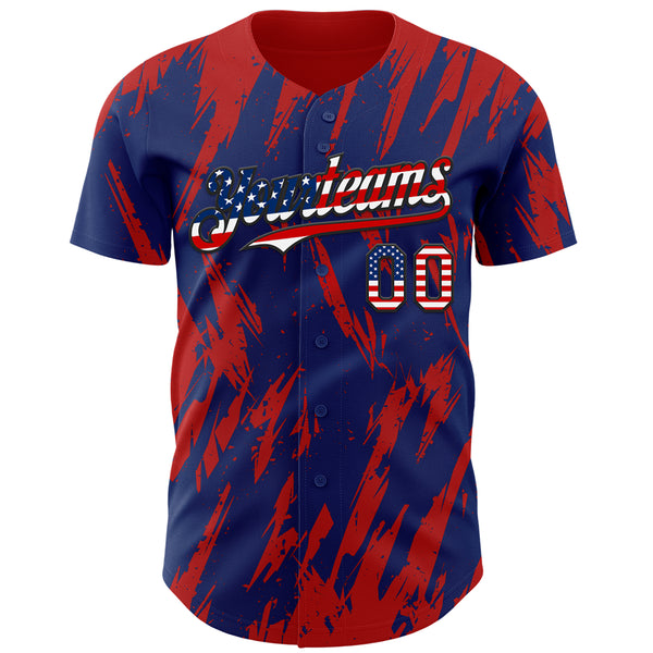 Custom Royal Vintage USA Flag Black-Red 3D Pattern Design Splatter Torn Sharp Brush Stroke Authentic Baseball Jersey