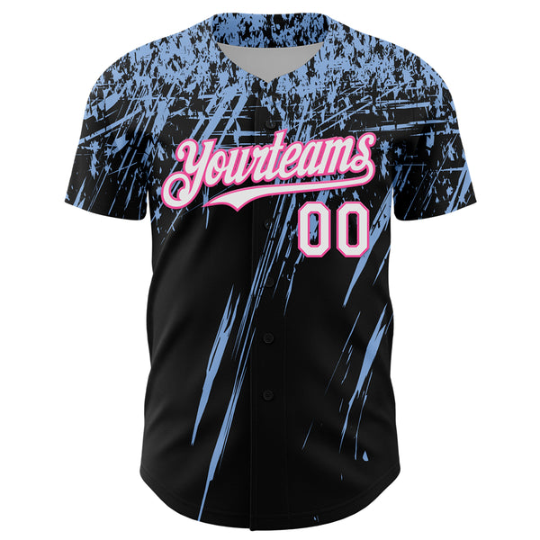 Custom Black White Light Blue-Pink Distressed Scratch Brush Stroke Authentic Baseball Jersey