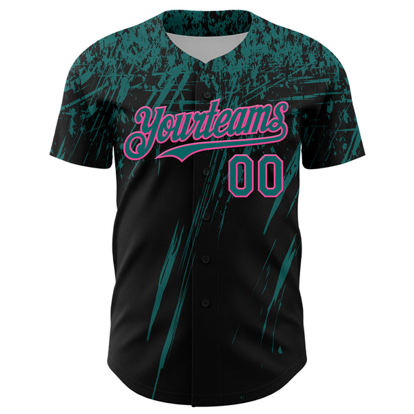 Custom Black Teal-Pink Distressed Scratch Brush Stroke Authentic Baseball Jersey